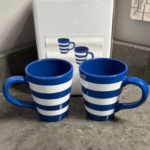 Striped Blue and White Ceramic Mugs. Set of 4 mugs in box!
